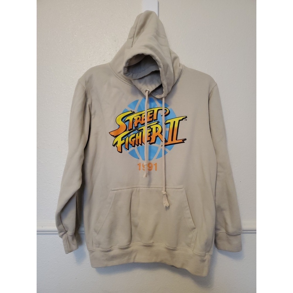 Street Fighter II Capcom Graphic Hoodie Mens Small Beige Ken vs Ryu 1991 Tokyo